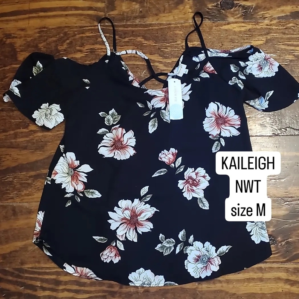 Kaileigh Black Blouse with White and Pink Floral Design